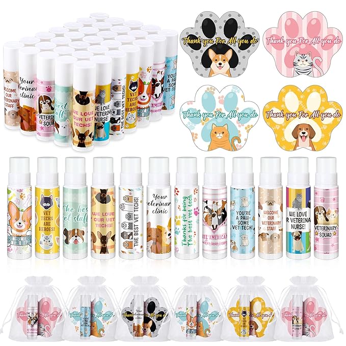 36 Sets Vet Tech Gift Animal Lip Balm Thank You Tag Organza Bag Veterinarian Appreciation Gifts Vet Tech Week Gift for Veterinary Technologist Nurse Birthday Christmas End of Year Supplies-VivaGrace Women