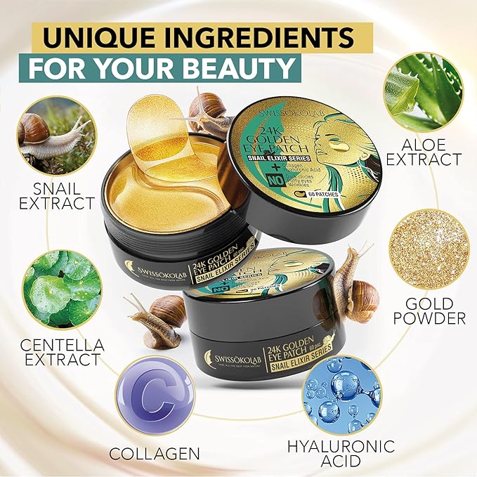 SWISSÖKOLAB Under Eye Patches For Puffy Eyes 24k Gold Eye Mask Dark Circles And Puffiness Collagen Eye Gel Pads Moisturizing & Reducing Wrinkles Anti-Aging Hyaluronic Acid (Snail Series)-VivaGrace Women