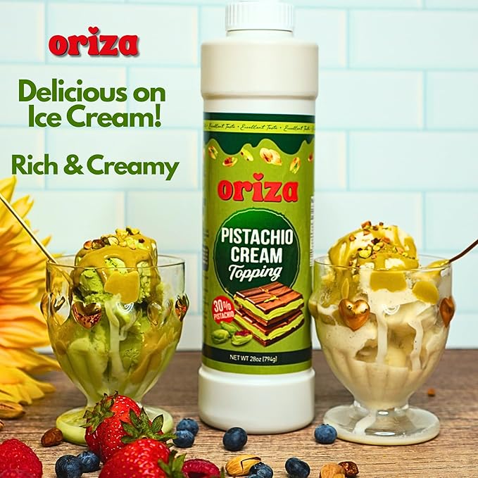 Oriza Pistachio Cream Topping, 28oz Bottle – Premium Pistachio Spread with 30% Pistachios, Palm Oil Free, Non-GMO, Natural Color – Dessert, Latte & Baking Cream