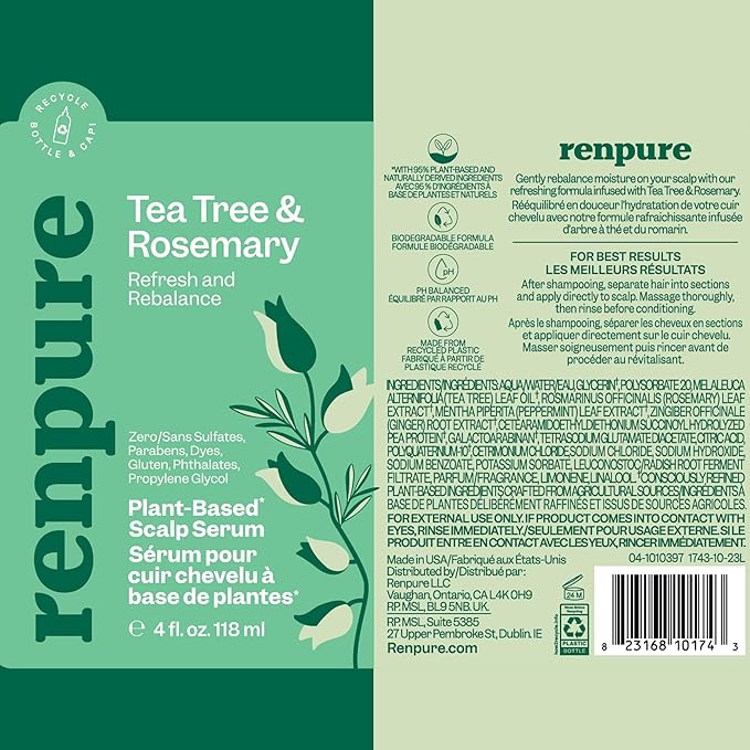 Renpure Tea Tree & Rosemary Scalp Serum, Plant-Based - Refreshing & Rebalancing - For Moisturized, Soft Hair - For Oily/Normal Hair- Tea Tree Leaf Oil, Rosemary Leaf Extract - 4 Fl Oz-VivaGrace Women