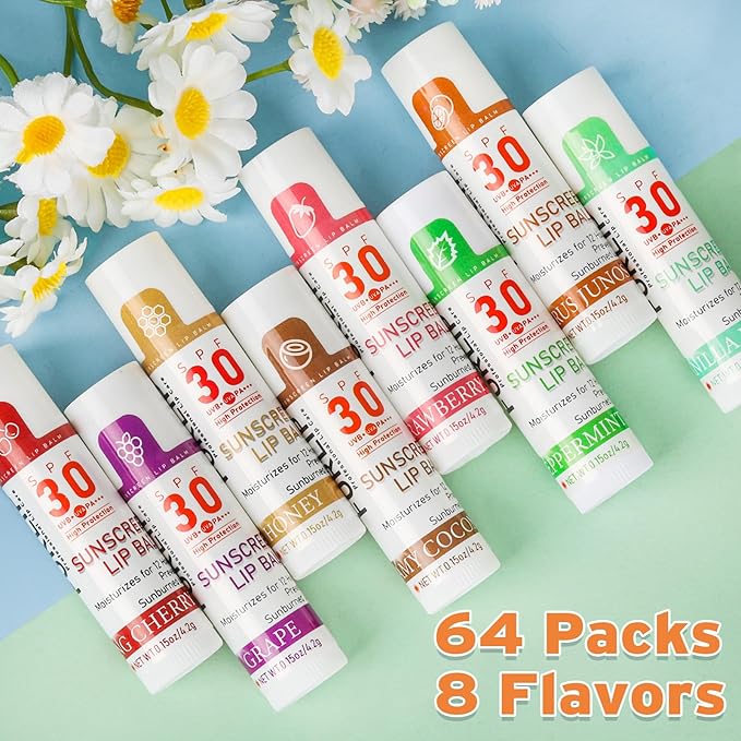 SPF 30 Lip Balm with Sunscreen, SPF Lip Balm Bulk Travel Size-64 Pack, Hydrating Lip Balm Pack with Vitamin E and Coconut Oil- 8 Flavors-VivaGrace Women