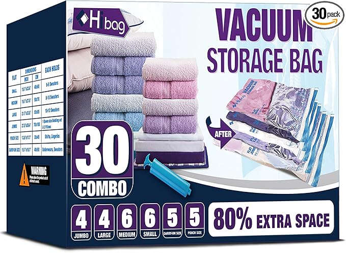 HIBAG Vacuum Storage Bags, 30-Pack Space Saver Vacuum Storage Bags, Vacuum Seal Bags for Clothing, Clothes, Comforters and Blankets (30C)-VivaGrace Women