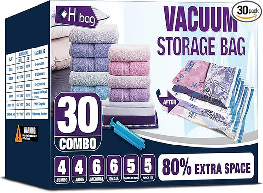 HIBAG Vacuum Storage Bags, 30-Pack Space Saver Vacuum Storage Bags, Vacuum Seal Bags for Clothing, Clothes, Comforters and Blankets (30C)-VivaGrace Women