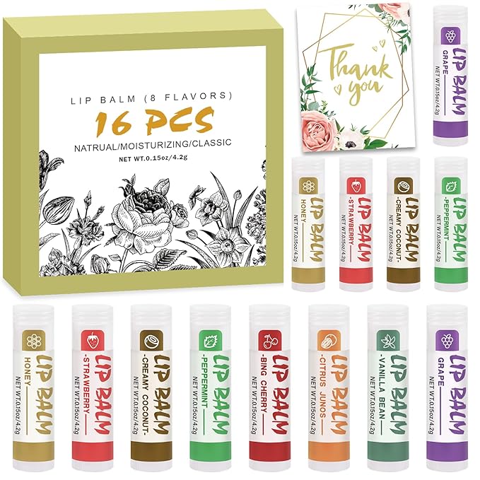 16 Pack Lip Balm, Natural Lip Balm Bulk with Vitamin E and Coconut Oil, Moisturizing Lip Balm for Dry Cracked Lips, Lip Balm for Stocking Stuffers - 8 Flavors-VivaGrace Women