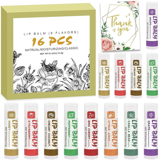 16 Pack Lip Balm, Natural Lip Balm Bulk with Vitamin E and Coconut Oil, Moisturizing Lip Balm for Dry Cracked Lips, Lip Balm for Stocking Stuffers - 8 Flavors-VivaGrace Women