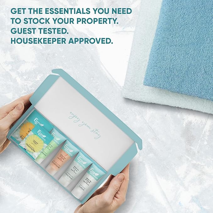 Eco Botanics Amenity & Accessory Kit | 0.85 oz Travel Size Shampoo, Conditioner, Lotion, Body Wash, Soap Bar, Shave & Dental Sets, Make-Up Remover Wipes, & Vanity Kit | 60 sets per case-VivaGrace Women