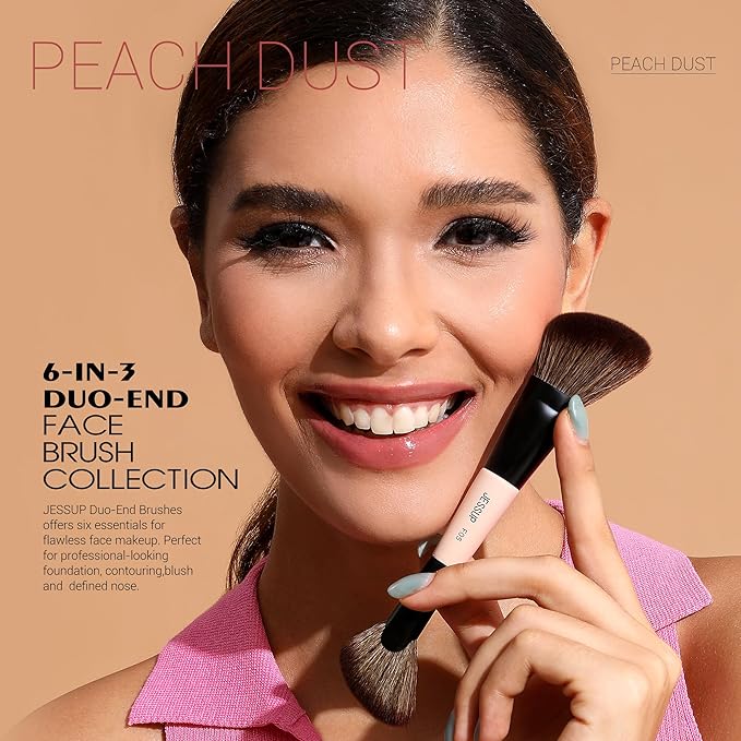 Jessup Face Makeup Brushes 3pcs Double Ended Makeup Brush Set for Foundation Contour Blush Highlight and Powder, Premium Synthetic Make up Brushes Peach Dust T508-VivaGrace Women