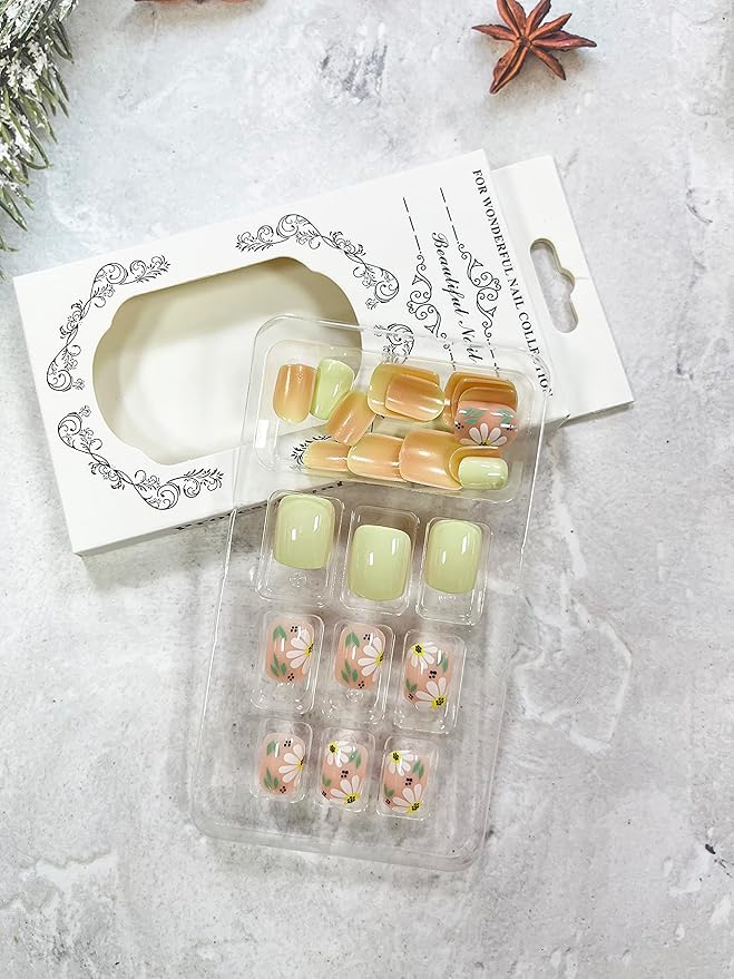 Press on Nails Short Square False Nails with Flower Designs Green Fake Nails with Nail Glue Spring Glue on Nails Summer Acrylic Nails Glossy Artificial Nails for Women and Girls