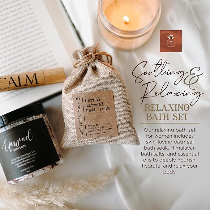 Relaxing Bath Gift Set, Luxury Spa Gifts for Women, Self Care Products for Women and Men, Calm Essential Oil Roller, Oatmeal Lavender Bath Soak & Epsom Salts with Essential Oils-VivaGrace Women