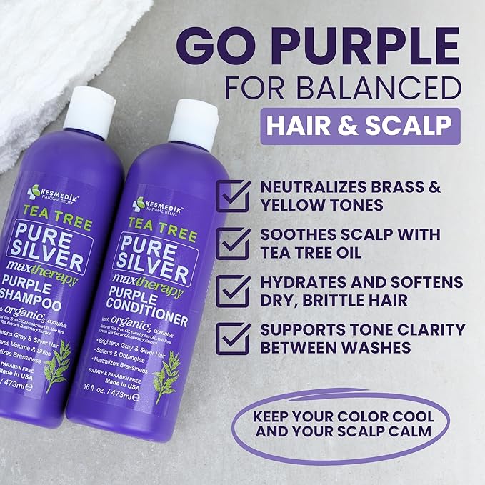 Tea Tree Purple Shampoo & Conditioner Set for Blonde, Bleached, Silver & Grey Hair, Anti-Brass Toner, Boosts Highlights & Color, Revitalizes, Relieves Itchy Scalp & Salon-Grade Hair Toner.-VivaGrace Women