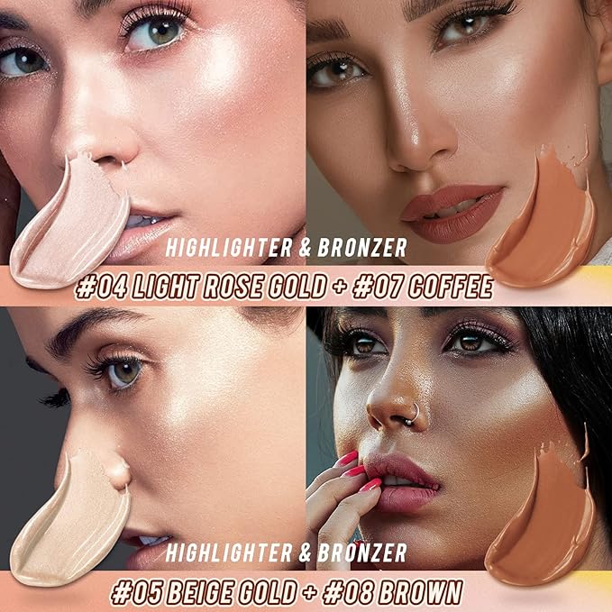 2 Pcs Cream Contour Stick Makeup Kit, Cream Highlighter Stick & Contour Bronzer Stick for Cheeks, Lightweight Blendable Smooth -Highlighter (#03 Champagne Gold #06 Silver)-VivaGrace Women