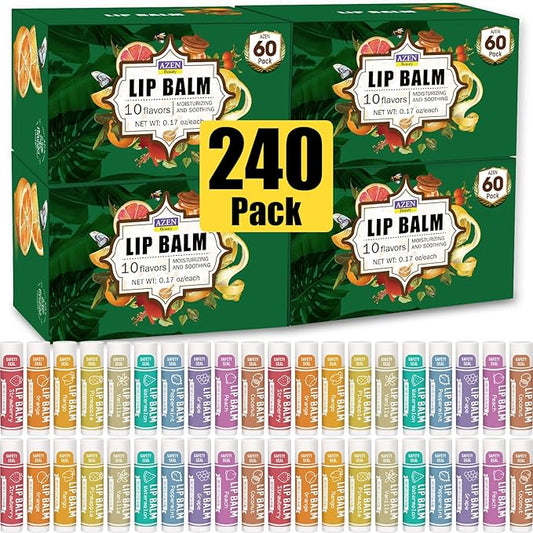 AZEN 240 Pack Lip Balm, Natural Lip Balm Bulk, Lip Care Product, Moisturizing Lip Balm for dry cracked lips - 10 Flavors-VivaGrace Women
