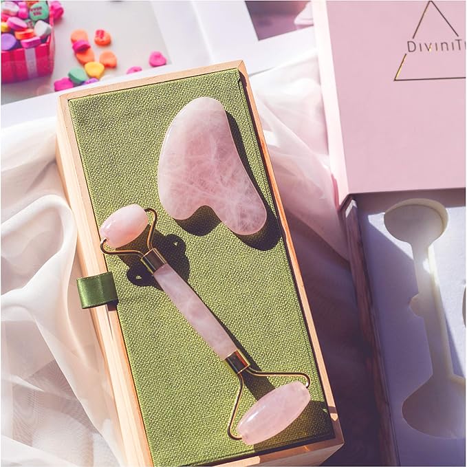 Rose Quartz Face Roller and Gua Sha Set - Face Roller Skin Care - Jade Roller and Gua Sha and Jade Roller for Face Rollers for Women Gifts - Rose Quartz Roller for Face Massage Roller DiviniTi-VivaGrace Women