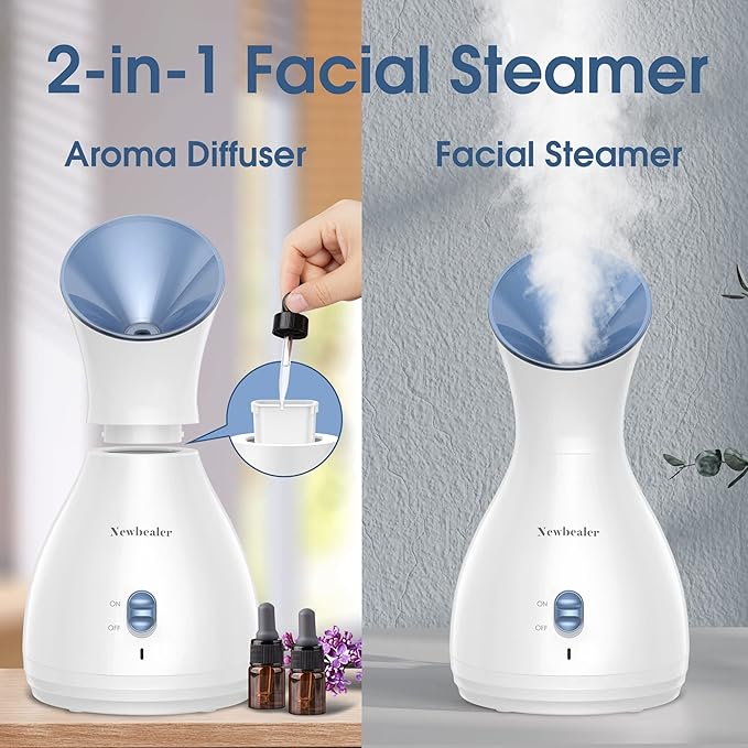 Newbealer 2in1 Facial Steamer, Hot Mist Facial Aromatherapy Humidifier Atomizer, Large Face Steamer Unclogs Pores Sinuses Moisturizing, Home Sauna Spa with Eyebrow Set (Blue, 170ml)-VivaGrace Women