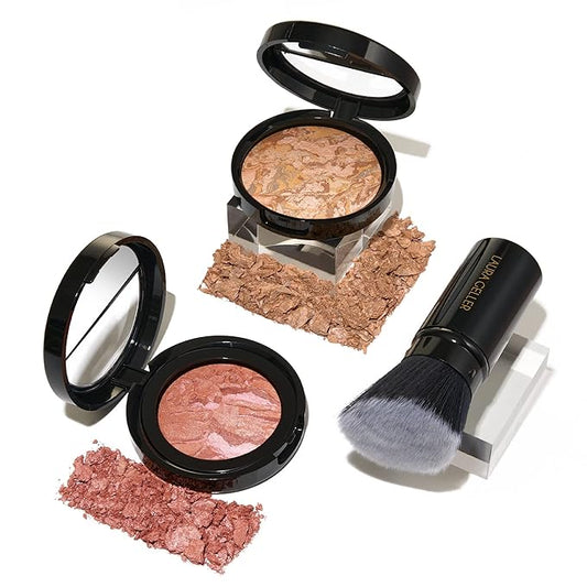 LAURA GELLER NEW YORK Baked Balance-N-Glow Illuminating Powder Foundation, Medium + Retractable Kabuki Brush + Baked Blush-N-Brighten, Pink Grapefruit-VivaGrace Women