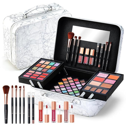 Makeup Kit for Women,All in One Makeup Gift Set for Girls in Cosmetic Train Case (White) With Mirror,Full Cosmetic Kit Includes Eyeshadow Palette,Lipgloss,Blushes,Pencil,Brush Applicators-VivaGrace Women
