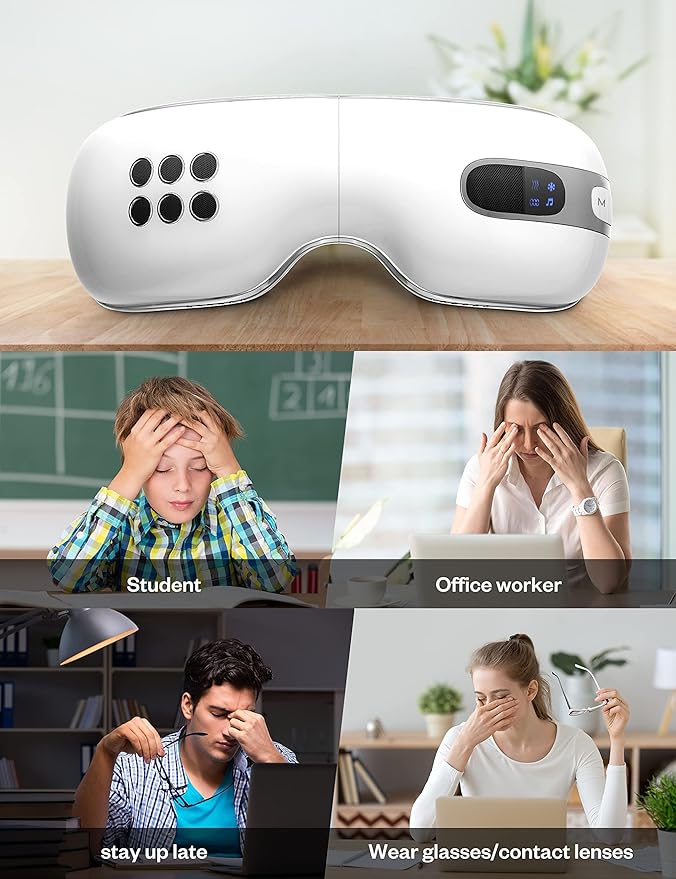 Eye Massager with Heat and Cooling for Migraines, Dry Eyes, Dark Circles, Rechargeable Bluetooth Music Cold Heated Eye Massager Improve Sleeping - Gifts for Women and Men (White)-VivaGrace Women