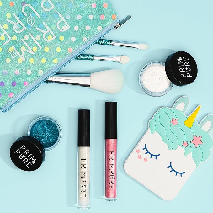 Prim and Pure Mineral Gift Set with Unicorn Mirror| Perfect for Play Dates & Birthday Parties | Kids Eyeshadow Makeup – Mineral Blush | Organic & Natural Makeup Kit for Kids| Made in USA (Blue)-VivaGrace Women