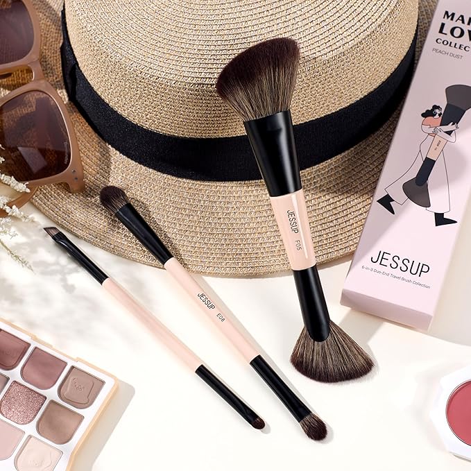 Jessup Travel Makeup Brushes Set 3pcs, Double Sided Contour Brush Dual Ended Eye Shadow Shader Eyeliner Brush, Multi-functional Makeup Set Peach Dust T507-VivaGrace Women
