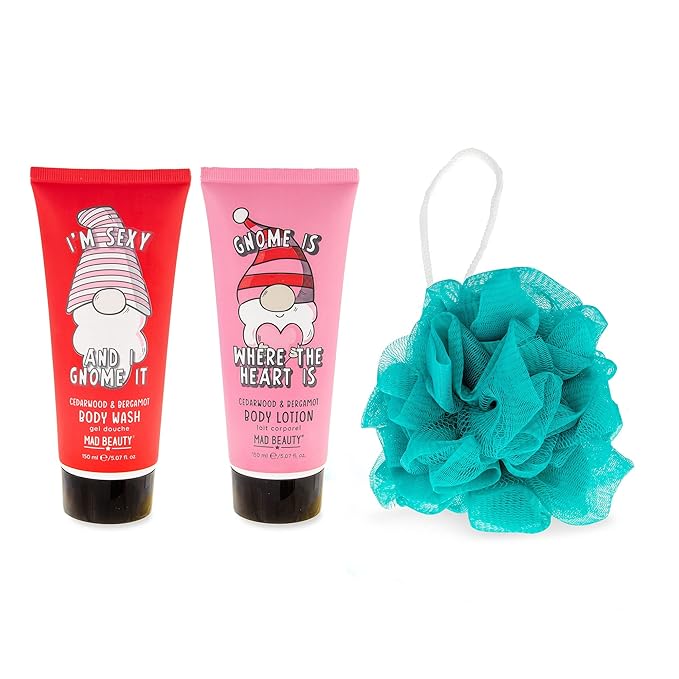 MAD BEAUTY Gnome Matter What Body Trio, 3-in-1 Bath Kit: Body Wash, Body Lotion, & Exfoliating Loofah, Refreshing Cedarwood & Bergamot, Relax & Unwind, Great Self-Care Gift Set-VivaGrace Women