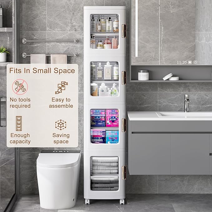 VECELO 4-Tier Plastic Tall Narrow Storage Cabinet with Movable Wheels, Adjustable Shelves, Magnetic Doors, Slim Bathroom Organizers and Storage for Small Space, Bathroom, Kitchen, Laundry, White-VivaGrace Women