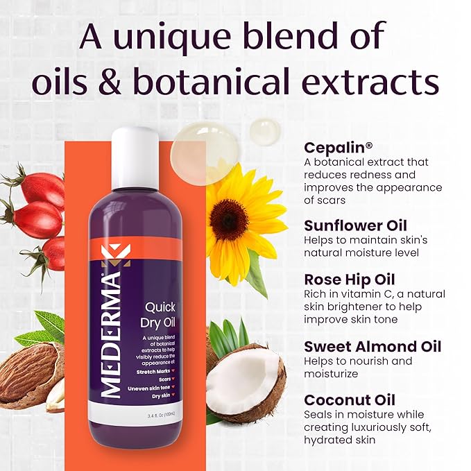 Mederma Quick Dry Oil, Scar and Stretch Mark Treatment, Helps to Improve the Appearance with Natural Botanical Extracts, Paraben Free, Fast-Absorbing, 3.4oz (100ml)-VivaGrace Women