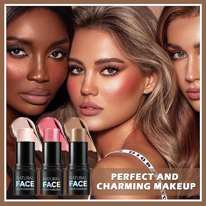 Highlighter Stick Cream Blush Stick Bronzer Contour Stick Makeup,3 PCS Cream Contour Kit with Contour Brush,Long Lasting & Professional Highlighters Makeup Stick for Beginner-VivaGrace Women