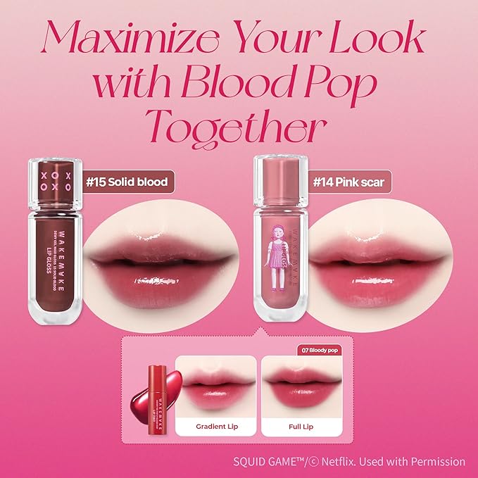 WM X NETFLIX SQUID GAME Dewy Gel Maxi Gloss 15 Solid Blood Set (+Watery Tok Tint Mini 7 Bloody Pop), lips, korean lip-VivaGrace Women