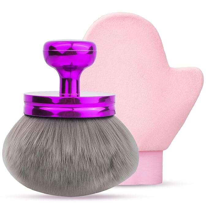 Self Tanner Brushes- Extra Large Body Kabuki Brush & Tanning Mitt, 2 Pcs, Big Body Makeup Brush for Legs, Face, Soft Self Tanning Glove Applicator for Fake Tan, Foundation, Lotion, Makeup (Purple)-VivaGrace Women