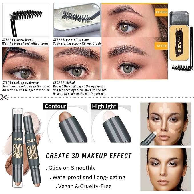 Face Primer, Makeup Brush and Sponges, Eyebrow Soap and Pencil, Mascara, Winged Eyeliner Stamp, cosmetic bag，Eyebrow Soap and Pencil, Mascara, Winged Eyeliner Stamp-VivaGrace Women