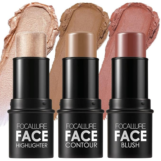 FOCALLURE 3 Pcs Cream Contour Sticks,Shades with Highlighter & Bronzer & Blush,Non-greasy Long-wear Face Contouring Pen,Easy to Sculpt the Face and Create a Lightweight Finishing Makeup,MEDIUM-VivaGrace Women