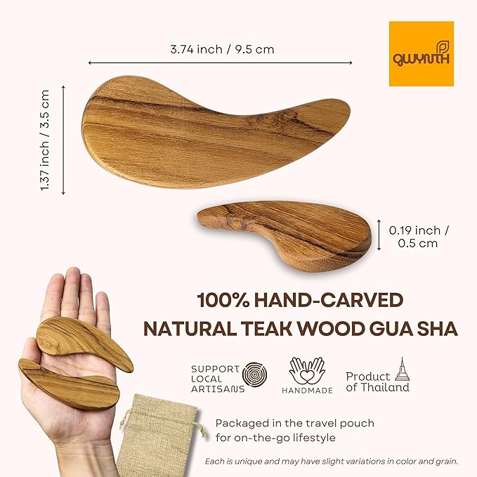 Teak Wood Gua Sha Facial Tool for Face and Body Massage, Anti-Aging Reduce Puffiness Wrinkles Shape Jawline Skincare Routine Treatment, Wooden Gua Sha Massager with Travel Pouch for Gift Set-VivaGrace Women