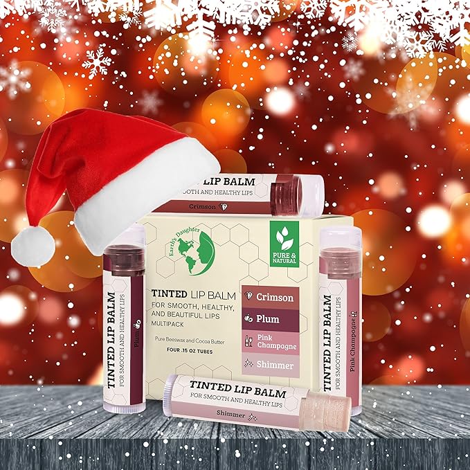 Tinted Lip Balm by Earth’s Daughter – 4 Pack of Assorted Colors – Beeswax, Coconut Oil, Cocoa Butter, Vitamin E – Moisturize and Beautify – Paraben Free-VivaGrace Women