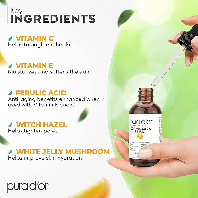 PURA D'OR 20% Vitamin C Serum 4 Oz - Lightweight Maximum Strength Formula - Retinol, Hyaluronic Acid, Ferulic Acid - Professional Grade Treatment For Face & Eyes, Wrinkles - Men & Women-VivaGrace Women