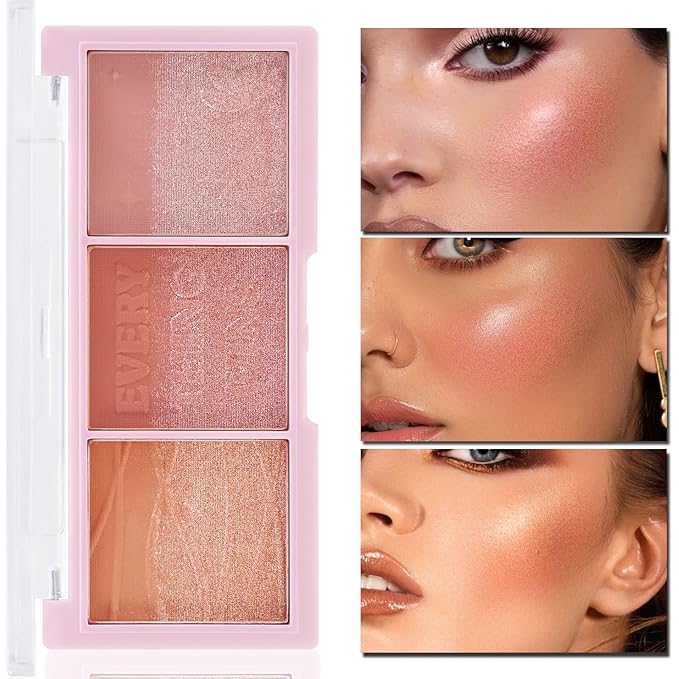 3 Colors Blush Palette，Blush Powder for Cheeks Makeup，Glitter Blusher with Brush，Long Wear，Highly Pigmented-VivaGrace Women