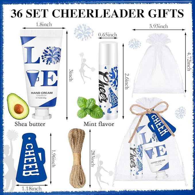 144 Pcs Blue Cheer Favors Natural Bulk Lip Balm and Hand Cream Set, Include 36 Lip Balm 36 Moisturizing Hand Cream 36 Bags 36 Card and Rope cheer accessories for Team Sports Party Supplies-VivaGrace Women