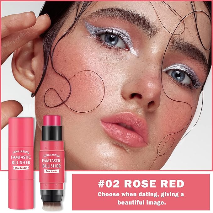 Cream Blush Stick with Brush, Waterproof, Long Lasting, Natural Finish, Rose Red - Compact Stick for All Skin Tones-VivaGrace Women