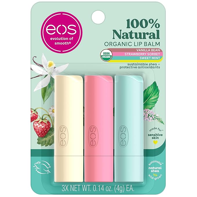 eos 100% Natural & Organic Lip Balm Trio- Vanilla Bean, Sweet Mint, & Strawberry Sorbet, Made for Sensitive Skin, Lip Care Products, 0.14 oz, 3-Pack-VivaGrace Women