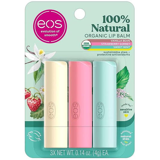 eos 100% Natural & Organic Lip Balm Trio- Vanilla Bean, Sweet Mint, & Strawberry Sorbet, Made for Sensitive Skin, Lip Care Products, 0.14 oz, 3-Pack-VivaGrace Women