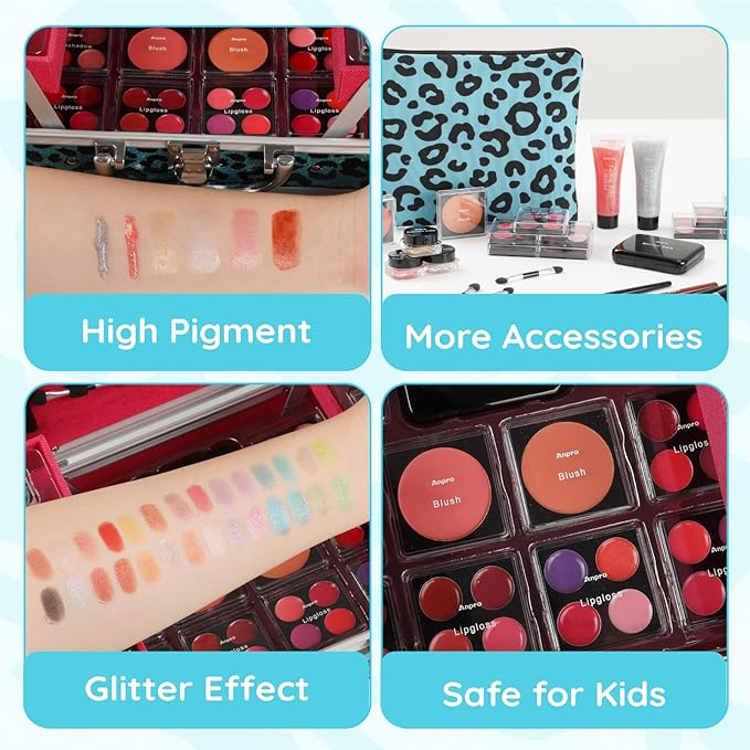 Anpro All-In-One Leopord Double Folding Makeup Carry Case with Pro Teen Makeup Set, Full Starter Kit with Makeup Brushes, Lipsticks, Eyeshadow Palette, Blushes, Glitter Gel, Ideal Present for Girls-VivaGrace Women