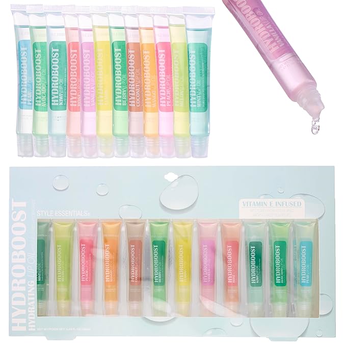 Expressions 12pc Lip Oil Set - Flavored Lip Oils Value Pack, Hydrating Lip Oils w/Squeeze Tube Application, Moisturizing Lip Oil Collection for Everyday Lip Care and Lip Repair (HYDROBOOST)-VivaGrace Women