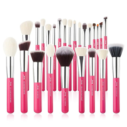 Jessup Brand 25pcs Professional Makeup Brush Set Beauty Cosmetic Foundation Powder Blusher Eye Shadow Blending Concealer Highlight Natural-Synthetic Hair Brushes Set (Rose Carmine/Silver)-VivaGrace Women