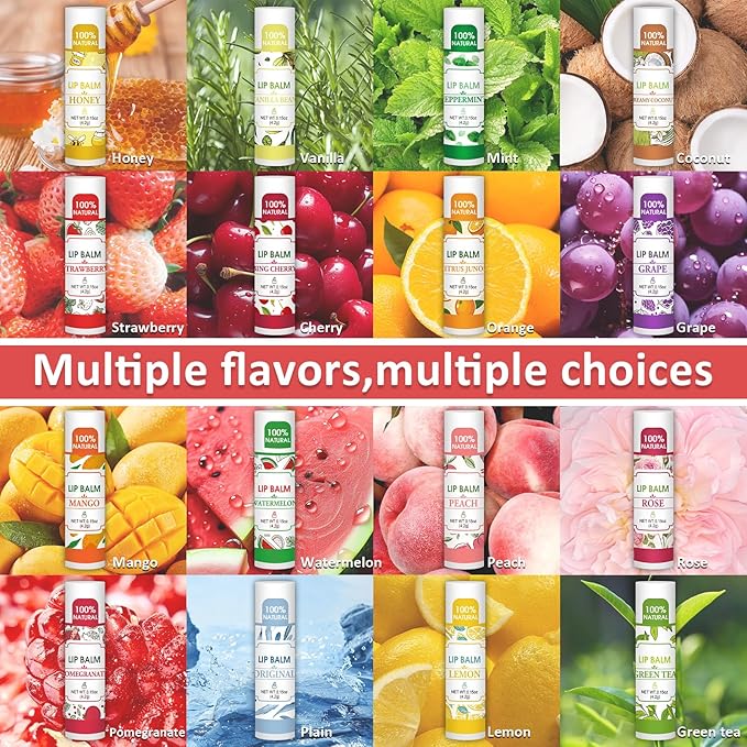 16 Pack Lip Balm, 100% Natural Lip Balm Bulk with Vitamin E and Coconut Oil, Moisturizing Lip Balm for Dry Lips - 16 Flavors-VivaGrace Women