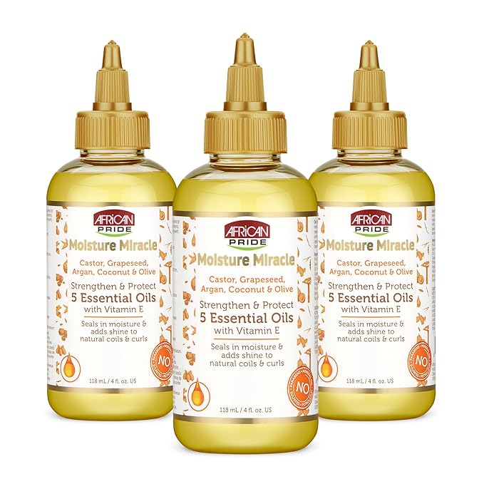 African Pride Moisture Miracle 5 Essential Hair Oils with Vitamin E (Pack of 3) | Moisture, Shine, Protection, and Growth | Argan, Castor, Grapeseed, Coconut, and Olive Oil | 4 oz-VivaGrace Women
