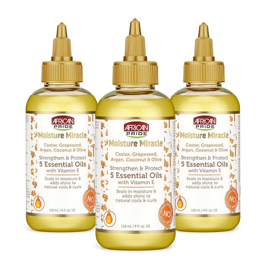 African Pride Moisture Miracle 5 Essential Hair Oils with Vitamin E (Pack of 3) | Moisture, Shine, Protection, and Growth | Argan, Castor, Grapeseed, Coconut, and Olive Oil | 4 oz-VivaGrace Women