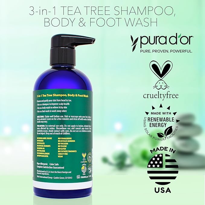 PURA D'OR 3-in-1 Tea Tree Shampoo, Body & Foot Wash, Shampoo (16oz x3 = 48oz) Total Body Care - Foot Odor & Daily Hygiene, Cleansing Routine, Post-Workout Refreshment - Soothes, Invigorates, Nourishes-VivaGrace Women