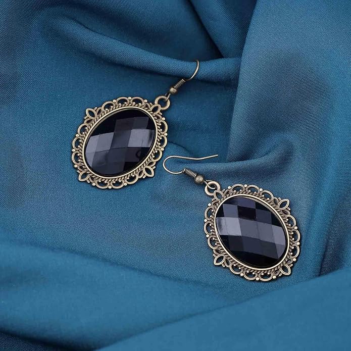 Vintage Black Crystal Drop Earrings Oval Onyx Dangle Earrings Large Onyx Stud Earrings Black Gem Hook Earrings Jewelry for Women and Girls-VivaGrace Women