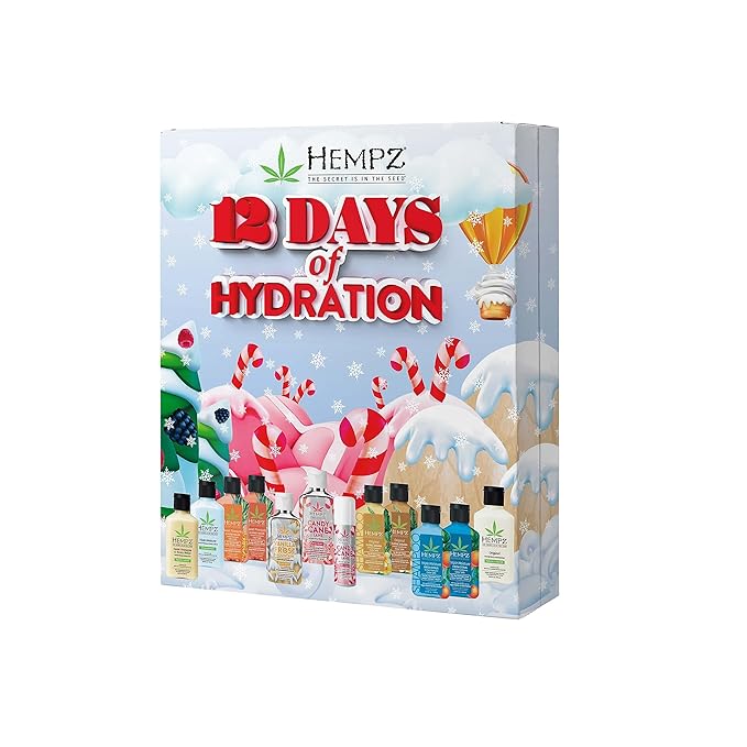 Hempz Twelve Days of Hydration Skin Care Gift Set (12-pack) - Candy Cane Moisturizer & Lip Balm, Vanilla Moisturizer, Pineapple & Melon, Original, & Triple Moisture Shampoo, Conditioner & Moisturizer-VivaGrace Women