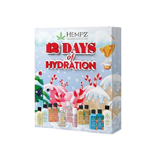 Hempz Twelve Days of Hydration Skin Care Gift Set (12-pack) - Candy Cane Moisturizer & Lip Balm, Vanilla Moisturizer, Pineapple & Melon, Original, & Triple Moisture Shampoo, Conditioner & Moisturizer-VivaGrace Women