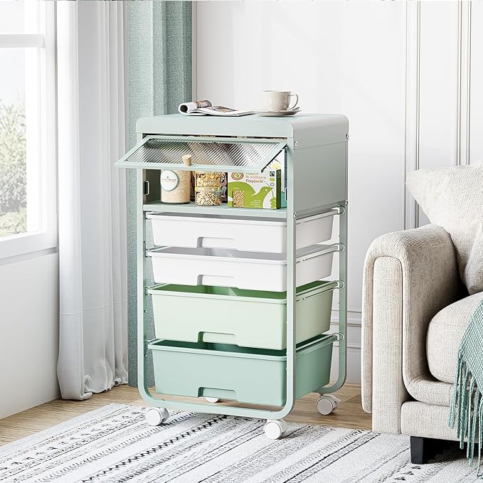 Utility-Rolling-Storage-Drawer-Craft-Cart-Organizers with 4 Drawers & Dust-proof Door for Kid Craft Art Room,Bedroom,Home Office, 4 Tiers Drawer cart, Green-VivaGrace Women